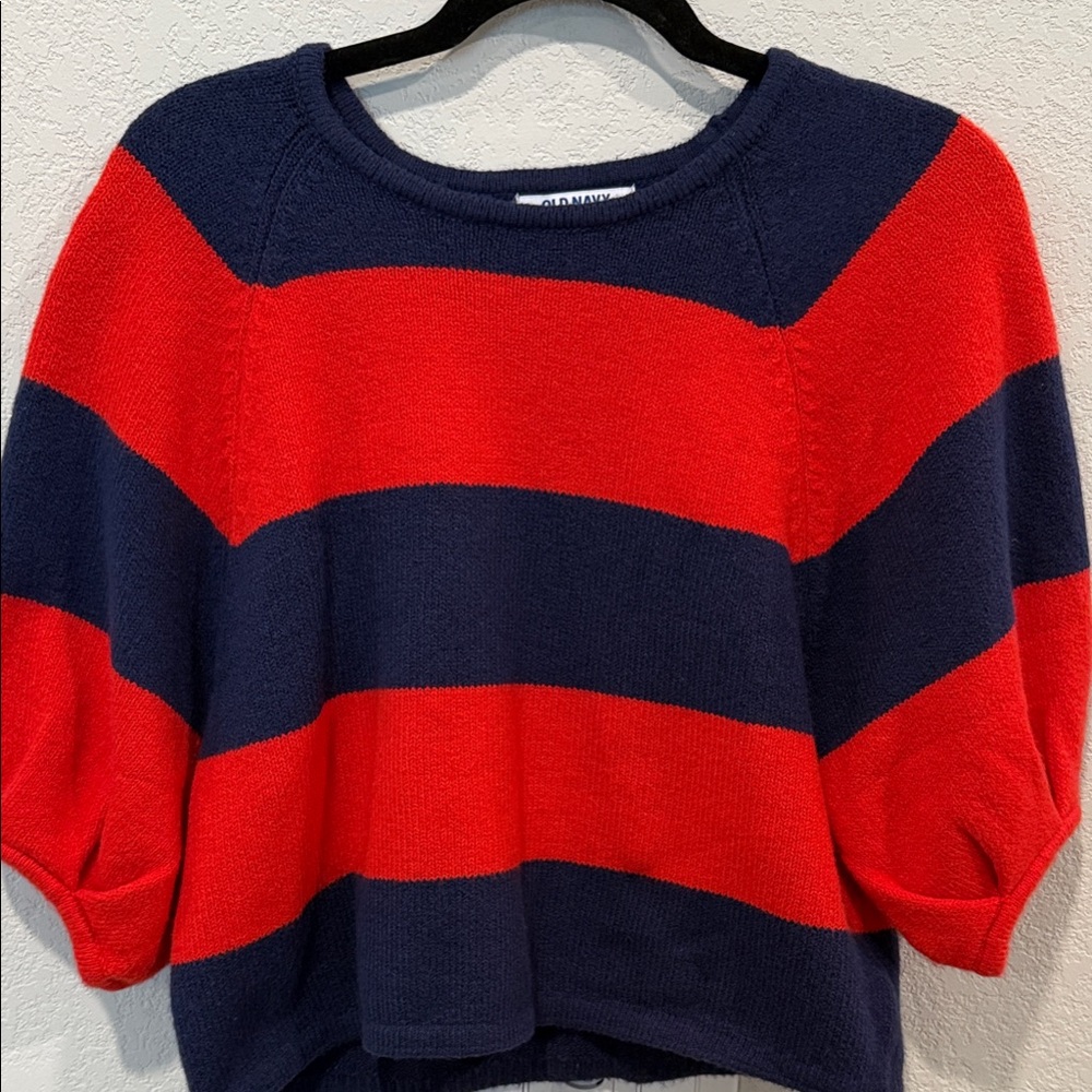 Old Navy Red and Navy Wide-Stripe Cropped Crewneck Sweater